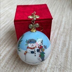 Li Bien Eglomise Ornament 1999 Children Snowman Sled Inside Hand Painted
